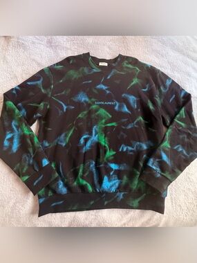 Saint Laurent Black Tie-Dye Crewneck Sweatshirt in Blue & Green Size L